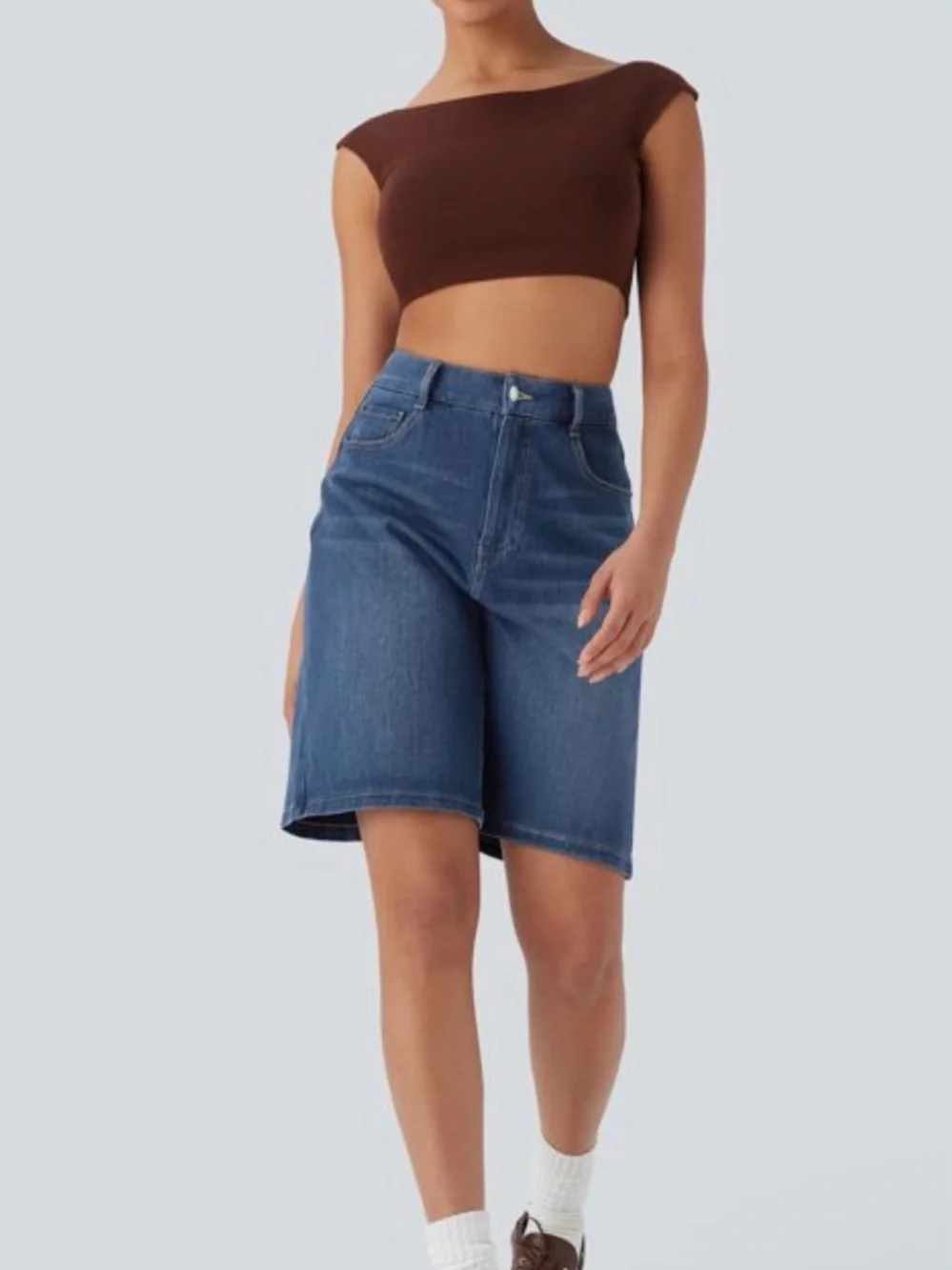 Halara Flex™HighWaisted Pockets Washed Denim Casual Bermuda Shorts cerulean blue - Picture 6 of 11